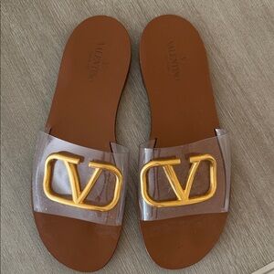 Valentino Brown Leather Slides with Clear Strap and Gold Logo